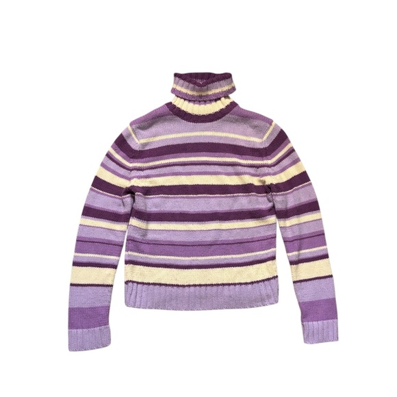 Vintage Sweaters - Vintage Y2K Striped Knit Turtleneck Sweater Purple White S/M